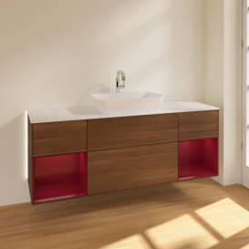 Тумба под раковину Villeroy & Boch Finion 160х50,1 см с подсветкой МДФ шпон грецкого ореха/стекло белое матовое G861HBGN