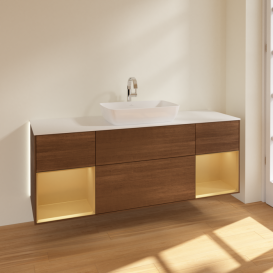 Тумба под раковину Villeroy & Boch Finion 160х50,1 см с подсветкой МДФ шпон грецкого ореха/стекло белое матовое G861HFGN