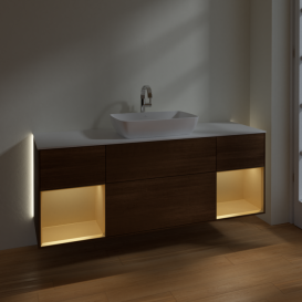 Тумба под раковину Villeroy & Boch Finion 160х50,1 см с подсветкой МДФ шпон грецкого ореха/стекло белое матовое G861HFGN