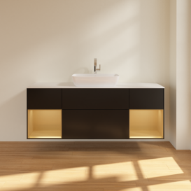 Тумба под раковину Villeroy & Boch Finion 160х50,1 см с подсветкой МДФ черный матовый лак/стекло белое матовое G861HFPD