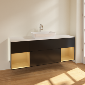 Тумба под раковину Villeroy & Boch Finion 160х50,1 см с подсветкой МДФ черный матовый лак/стекло белое матовое G861HFPD