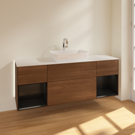 Тумба под раковину Villeroy & Boch Finion 160х50,1 см с подсветкой МДФ шпон грецкого ореха/стекло белое матовое G861PDGN