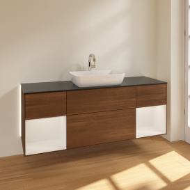 Тумба под раковину Villeroy & Boch Finion 160х50,1 см с подсветкой МДФ шпон грецкого ореха/стекло черное матовое G862GFGN