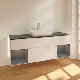 Тумба под раковину Villeroy & Boch Finion 160х50,1 см с подсветкой МДФ глянцевый белый лак/стекло черное матовое G862GKGF