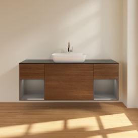 Тумба под раковину Villeroy & Boch Finion 160х50,1 см с подсветкой МДФ шпон грецкого ореха/стекло черное матовое G862GKGN