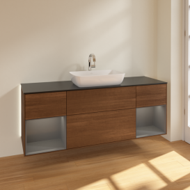 Тумба под раковину Villeroy & Boch Finion 160х50,1 см с подсветкой МДФ шпон грецкого ореха/стекло черное матовое G862GKGN