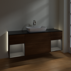 Тумба под раковину Villeroy & Boch Finion 160х50,1 см с подсветкой МДФ шпон грецкого ореха/стекло черное матовое G862GKGN