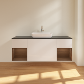 Тумба под раковину Villeroy & Boch Finion 160х50,1 см с подсветкой МДФ глянцевый белый лак/стекло черное матовое G862GNGF