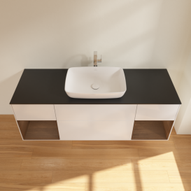 Тумба под раковину Villeroy & Boch Finion 160х50,1 см с подсветкой МДФ глянцевый белый лак/стекло черное матовое G862GNGF