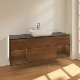 Тумба под раковину Villeroy & Boch Finion 160х50,1 см с подсветкой МДФ шпон грецкого ореха/стекло черное матовое G862GNGN