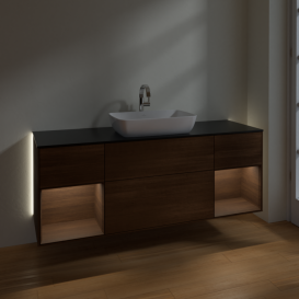 Тумба под раковину Villeroy & Boch Finion 160х50,1 см с подсветкой МДФ шпон грецкого ореха/стекло черное матовое G862GNGN
