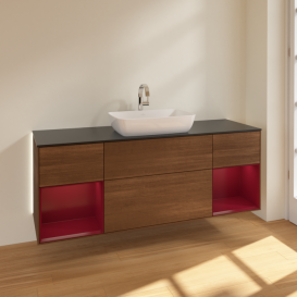 Тумба под раковину Villeroy & Boch Finion 160х50,1 см с подсветкой МДФ шпон грецкого ореха/стекло черное матовое G862HBGN