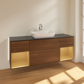 Тумба под раковину Villeroy & Boch Finion 160х50,1 см с подсветкой МДФ шпон грецкого ореха/стекло черное матовое G862HFGN