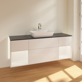 Тумба под раковину Villeroy & Boch Finion 160х50,1 см с подсветкой МДФ глянцевый белый лак/стекло черное матовое G862MTGF