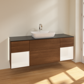 Тумба под раковину Villeroy & Boch Finion 160х50,1 см с подсветкой МДФ шпон грецкого ореха/стекло черное матовое G862MTGN