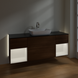 Тумба под раковину Villeroy & Boch Finion 160х50,1 см с подсветкой МДФ шпон грецкого ореха/стекло черное матовое G862MTGN