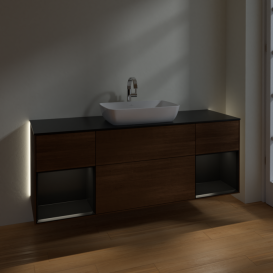 Тумба под раковину Villeroy & Boch Finion 160х50,1 см с подсветкой МДФ шпон грецкого ореха/стекло черное матовое G862PDGN