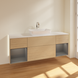 Тумба под раковину Villeroy & Boch Finion 160х50,1 см с подсветкой МДФ шпон дуба/стекло белое матовое G861GKPC