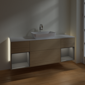 Тумба под раковину Villeroy & Boch Finion 160х50,1 см с подсветкой МДФ шпон дуба/стекло белое матовое G861GKPC