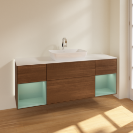 Тумба под раковину Villeroy & Boch Finion 160х50,1 см с подсветкой МДФ шпон грецкого ореха/стекло белое матовое G861GMGN