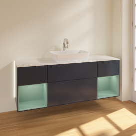 Тумба под раковину Villeroy & Boch Finion 160х50,1 см с подсветкой МДФ темно-синий матовый лак/стекло белое матовое G861GMHG