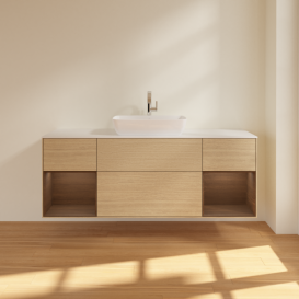 Тумба под раковину Villeroy & Boch Finion 160х50,1 см с подсветкой МДФ шпон дуба/стекло белое матовое G861GNPC