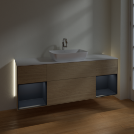 Тумба під раковину Villeroy & Boch Finion 160х50,1 см із підсвічуванням МДФ шпон дуба/скло біле матов G861HGPC