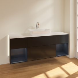 Тумба под раковину Villeroy & Boch Finion 160х50,1 см с подсветкой МДФ черный матовый лак/стекло белое матовое G861HGPD