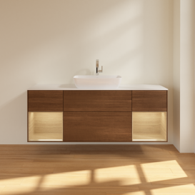 Тумба под раковину Villeroy & Boch Finion 160х50,1 см с подсветкой МДФ шпон грецкого ореха/стекло белое матовое G861PCGN