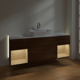 Тумба под раковину Villeroy & Boch Finion 160х50,1 см с подсветкой МДФ шпон грецкого ореха/стекло белое матовое G861PCGN