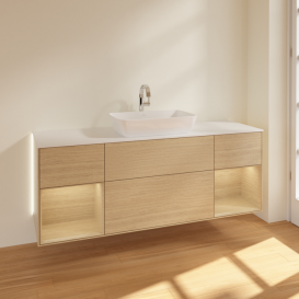 Тумба под раковину Villeroy & Boch Finion 160х50,1 см с подсветкой МДФ шпон дуба/стекло белое матовое G861PCPC