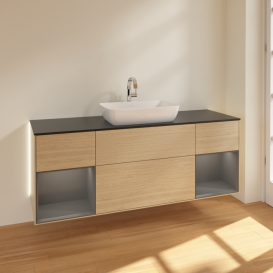 Тумба под раковину Villeroy & Boch Finion 160х50,1 см с подсветкой МДФ шпон дуба/стекло черное матовое G862GKPC