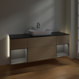 Тумба под раковину Villeroy & Boch Finion 160х50,1 см с подсветкой МДФ шпон дуба/стекло черное матовое G862GKPC