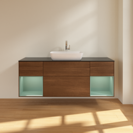 Тумба под раковину Villeroy & Boch Finion 160х50,1 см с подсветкой МДФ шпон грецкого ореха/стекло черное матовое G862GMGN