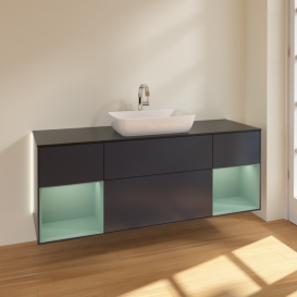 Тумба под раковину Villeroy & Boch Finion 160х50,1 см с подсветкой МДФ темно-синий матовый лак/стекло черное матовое G862GMHG