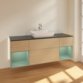 Тумба под раковину Villeroy & Boch Finion 160х50,1 см с подсветкой МДФ шпон дуба/стекло черное матовое G862GMPC