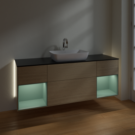 Тумба под раковину Villeroy & Boch Finion 160х50,1 см с подсветкой МДФ шпон дуба/стекло черное матовое G862GMPC