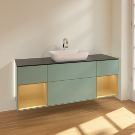 Тумба под раковину Villeroy & Boch Finion 160х50,1 см с подсветкой МДФ оливковый матовый лак/стекло черное матовое G862HFGM