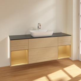 Тумба под раковину Villeroy & Boch Finion 160х50,1 см с подсветкой МДФ шпон дуба/стекло черное матовое G862HFPC