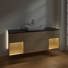 Тумба под раковину Villeroy & Boch Finion 160х50,1 см с подсветкой МДФ шпон дуба/стекло черное матовое G862HFPC