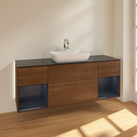 Тумба под раковину Villeroy & Boch Finion 160х50,1 см с подсветкой МДФ шпон грецкого ореха/стекло черное матовое G862HGGN