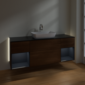 Тумба под раковину Villeroy & Boch Finion 160х50,1 см с подсветкой МДФ шпон грецкого ореха/стекло черное матовое G862HGGN