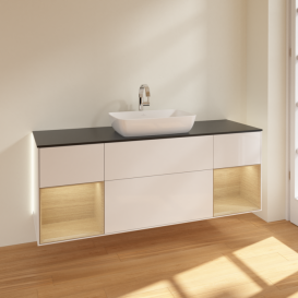 Тумба под раковину Villeroy & Boch Finion 160х50,1 см с подсветкой МДФ глянцевый белый лак/стекло черное матовое G862PCGF