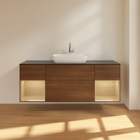 Тумба под раковину Villeroy & Boch Finion 160х50,1 см с подсветкой МДФ шпон грецкого ореха/стекло черное матовое G862PCGN