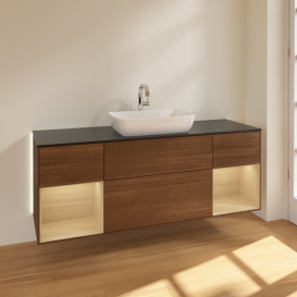 Тумба под раковину Villeroy & Boch Finion 160х50,1 см с подсветкой МДФ шпон грецкого ореха/стекло черное матовое G862PCGN