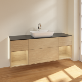 Тумба под раковину Villeroy & Boch Finion 160х50,1 см с подсветкой МДФ шпон дуба/стекло черное матовое G862PCPC