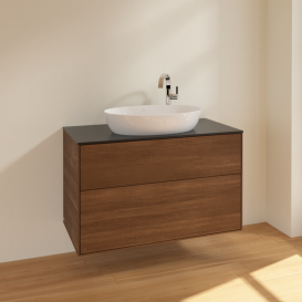 Тумба під раковину Villeroy & Boch Finion 100х50,1 см МДФ шпон волоського горіха/скло чорне матове F88200GN