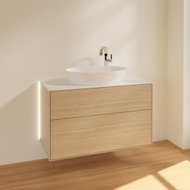 Тумба под раковину Villeroy & Boch Finion 100х50,1 см с подсветкой МДФ шпон дуба/стекло белое матовое G88100PC