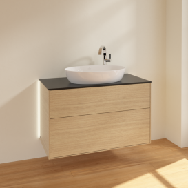 Тумба под раковину Villeroy & Boch Finion 100х50,1 см с подсветкой МДФ шпон дуба/стекло черное  матовое G88200PC