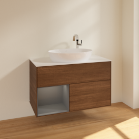 Тумба под раковину Villeroy & Boch Finion 100х50,1 см с подсветкой МДФ шпон грецкого ореха/стекло белое матовое F891GKGN